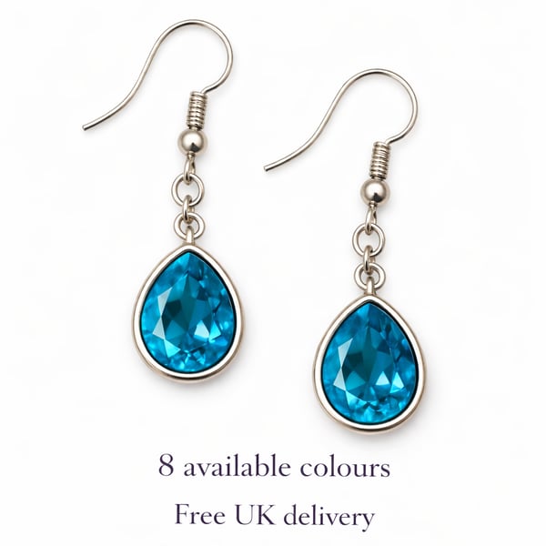 Handmade Dangle Teardrop Resin Gem Earrings - 8 Colours Available
