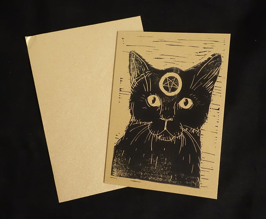 Witch's Black Cat, Alternative Greeting Card, Lino print, Black, Gold, A6 Print