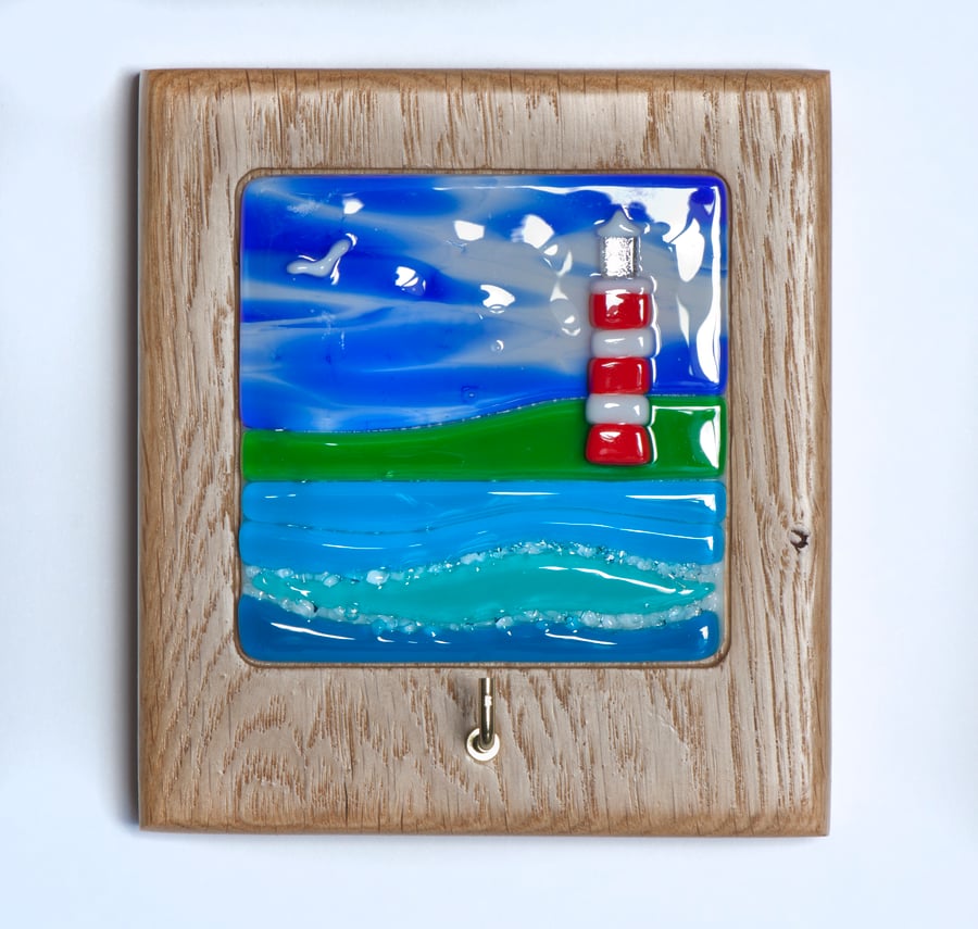 Sea Scene with Light House - Fused Glass in Oak Block Frame with Key Hook