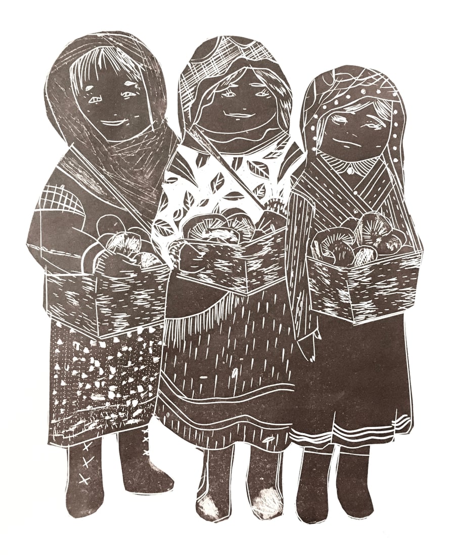 Mushroom Foragers - Lino Cut