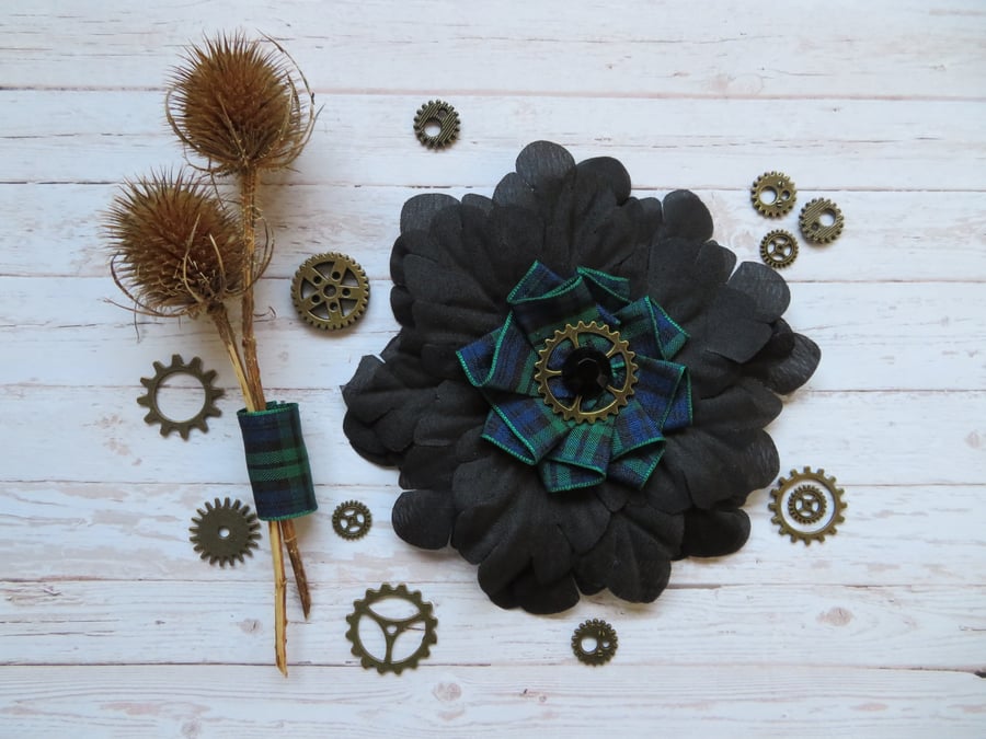 Black Watch Tartan Plaid Flower Steampunk Cog Brooch Corsage Wedding Gift 