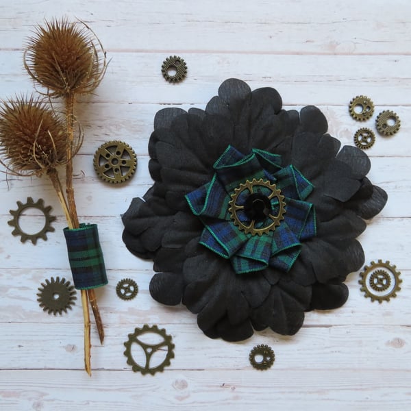 Black Watch Tartan Plaid Flower Steampunk Cog Brooch Corsage Wedding Gift 