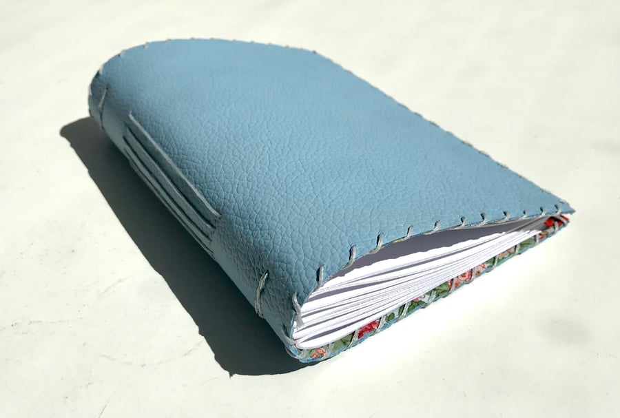 A6 Pale Blue Handmade Leather notebook Floral Fabric Lining Plain Paper