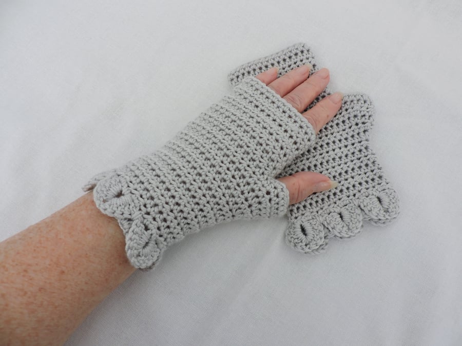  Sale now 5.00  Crochet Fingerless Mitts Dragon Scale Cuffs Pastel Silver Grey