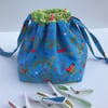 Cotton Drawstring Peg Bag with hanging tag - Blue and Green Bird and Bird Cages