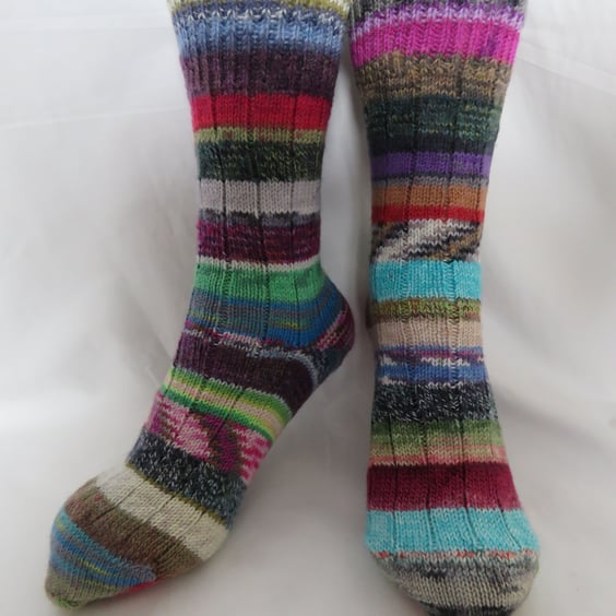 Hand-cranked Frankensox Knitted Ribbed Wool Socks Size 8 to 9