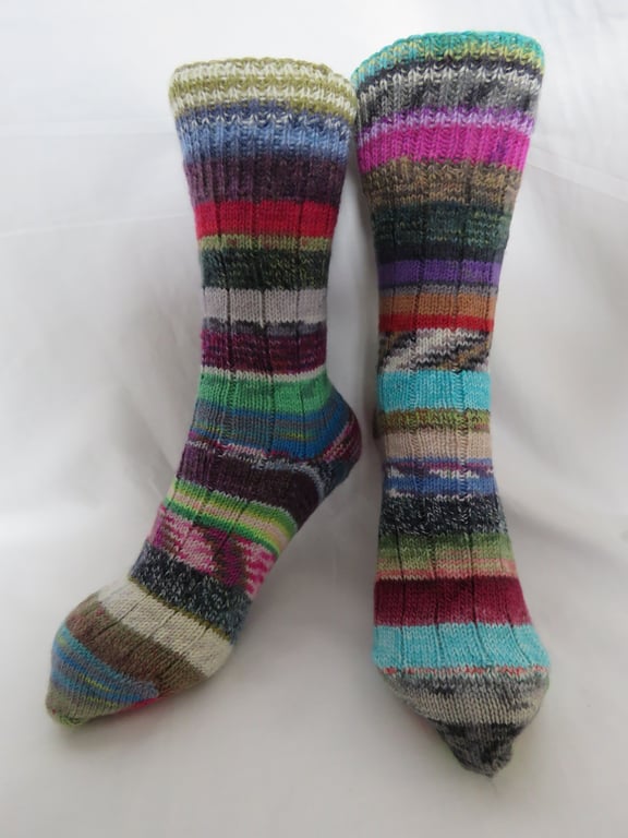 Hand-cranked Frankensox Knitted Ribbed Wool Socks Size 8 to 9