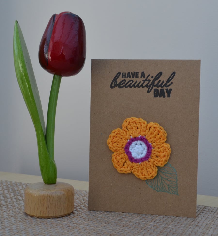 Greeting card with orange crochet flower - No. 12