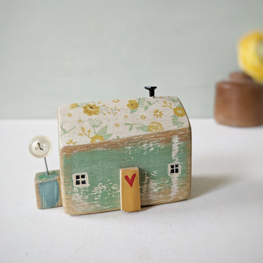 Little Handmade Wooden House with Teeny Button Flower Garden