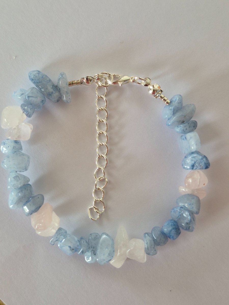 Pale Blue Aquamarine and Rose Quarts Chip Handmade Bracelet - Handmade Jewellery