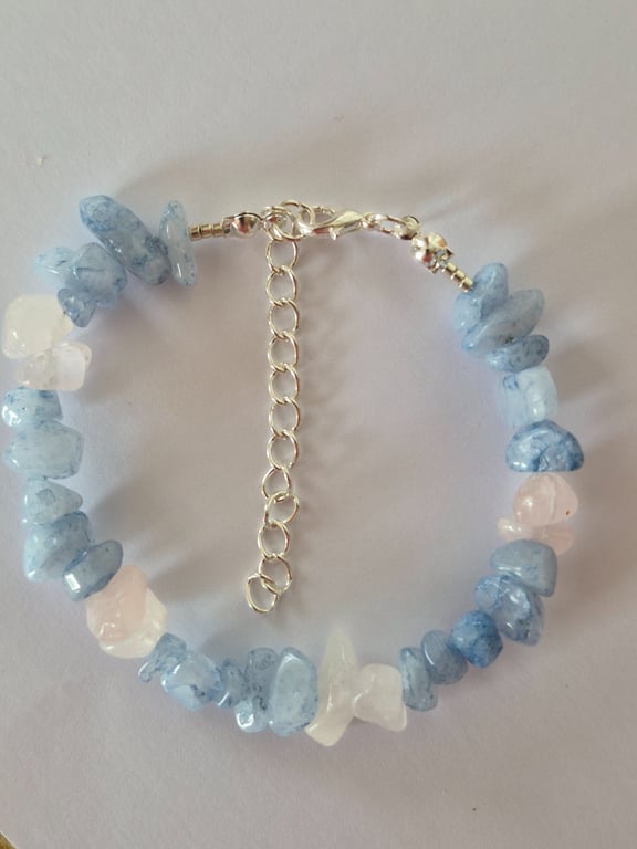 Pale Blue Aquamarine and Rose Quarts Chip Handmade Bracelet - Handmade Jewellery