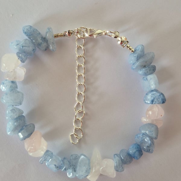 Pale Blue Aquamarine and Rose Quarts Chip Handmade Bracelet - Handmade Jewellery