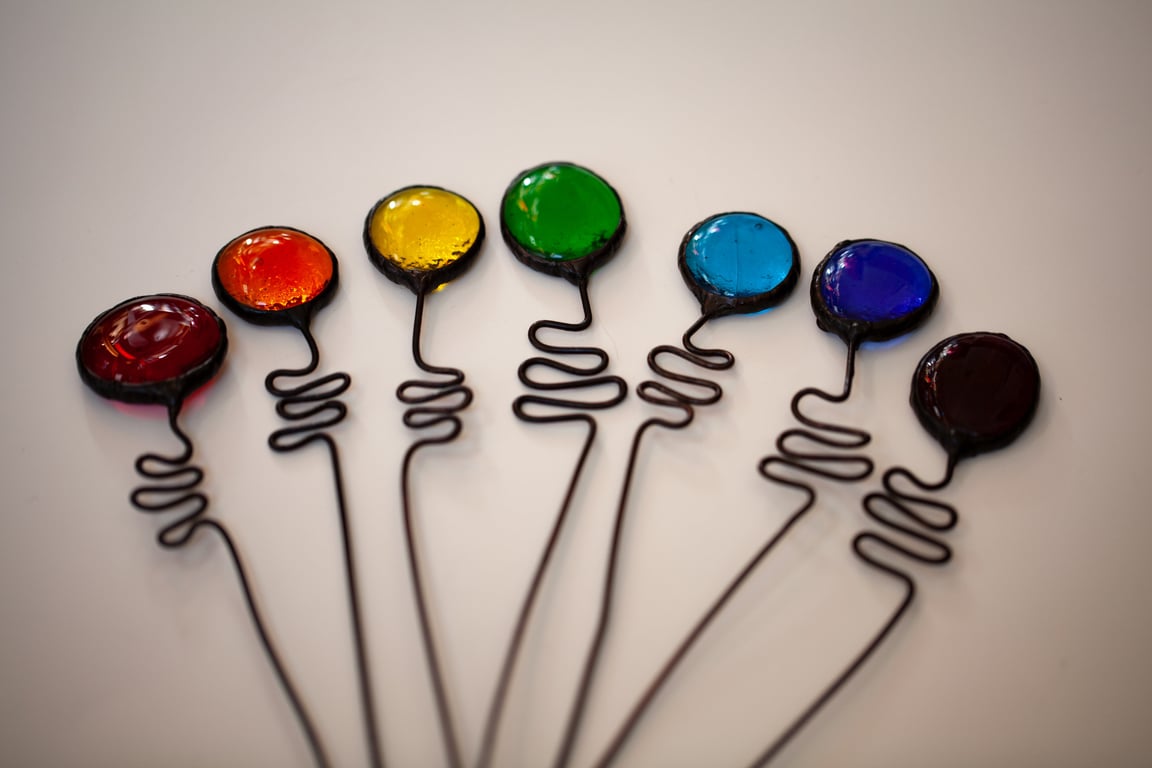 Stained glass flower pot plant stake, all rainbow colours sun catcher, plant acc