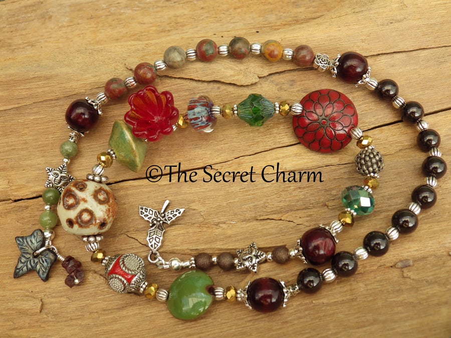 Ivy & Holly Rosary Beads, Garnet Ruby Prayer Beads, Protection Talisman OOAK