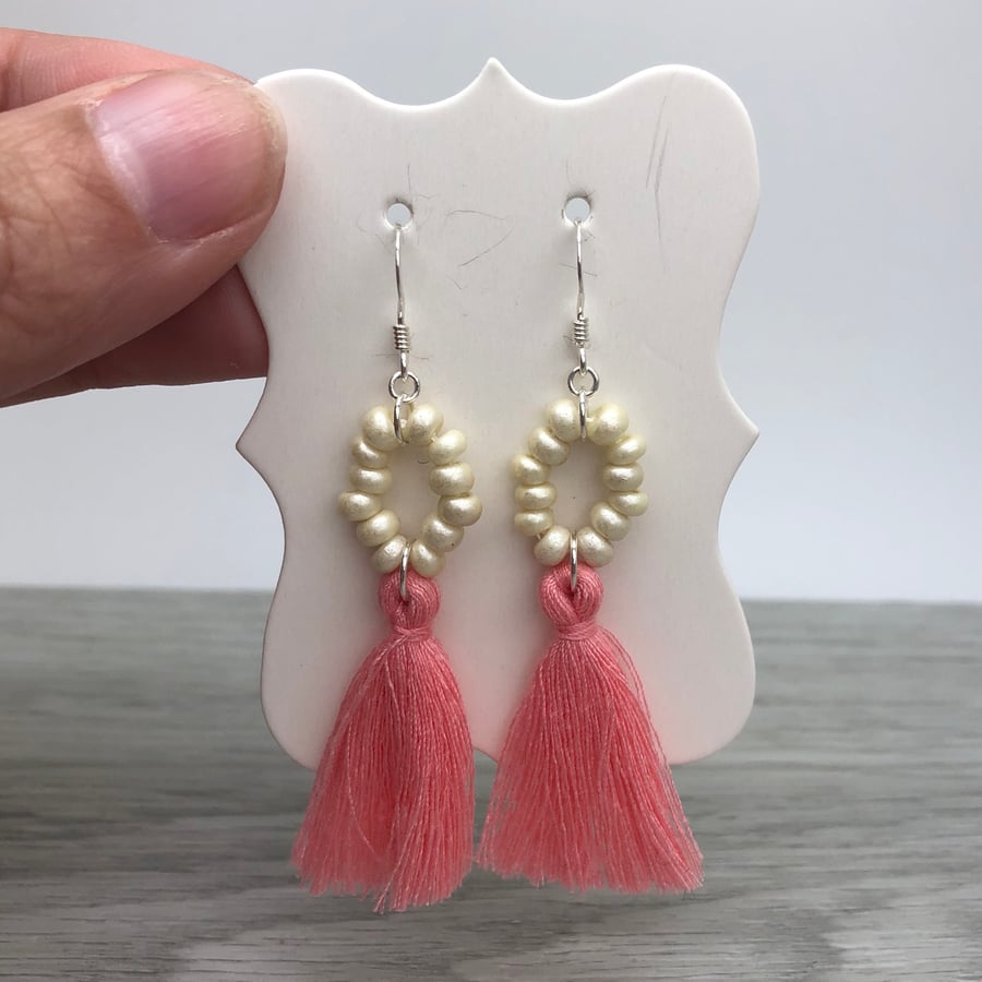 Czech glass seed bead and pink tassel earrings. Sterling silver earrings.