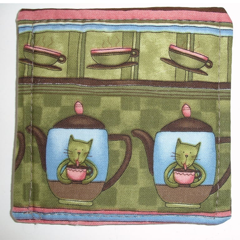Pair of Cat Coasters Coffee Drinking Cats Mug Rug Green Brown