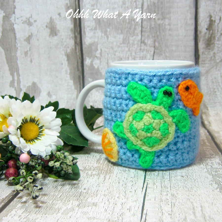 Crochet sea themed mug hug, mug cosy underwater, mug cozy, mug warmer