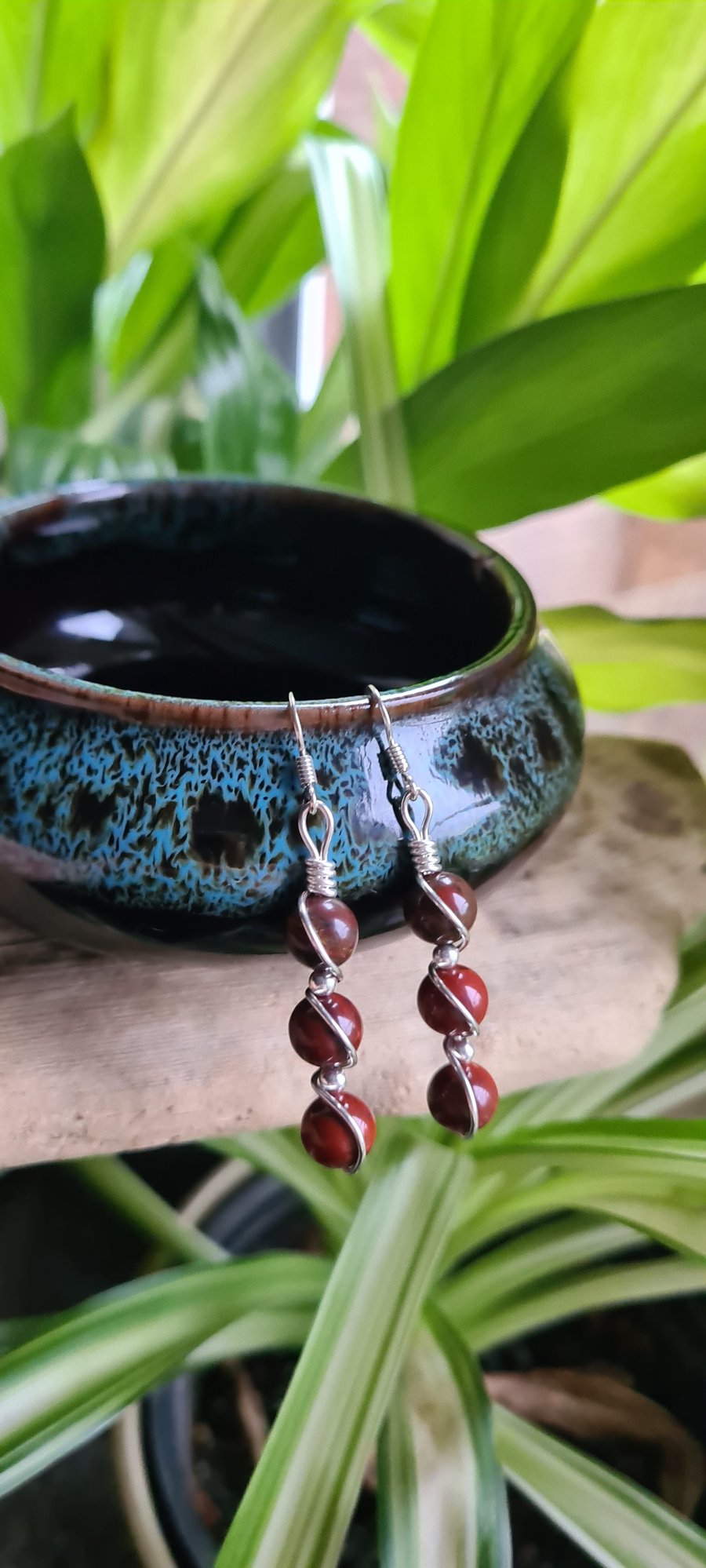 Handmade 925 Silver & Red Snakeskin Jasper  Dangle Drop Earrings Gift Boxed