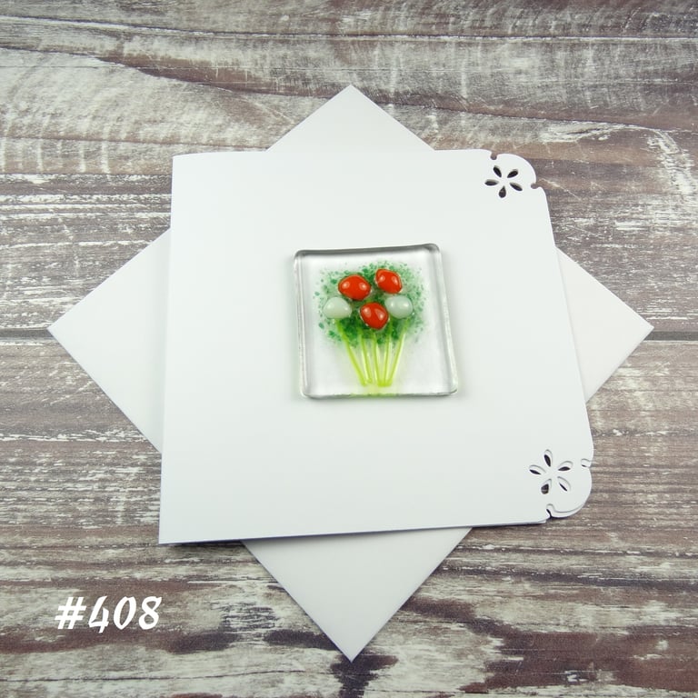Orange & white flowers handcrafted fused glass greeting card (408)