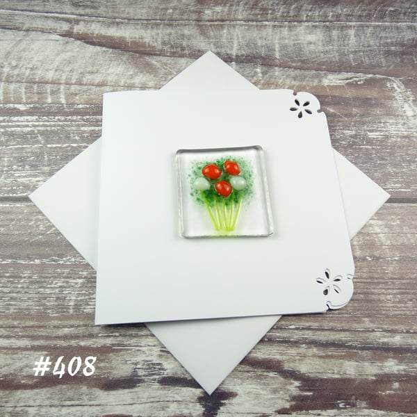 Orange & white flowers handcrafted fused glass greeting card (408)