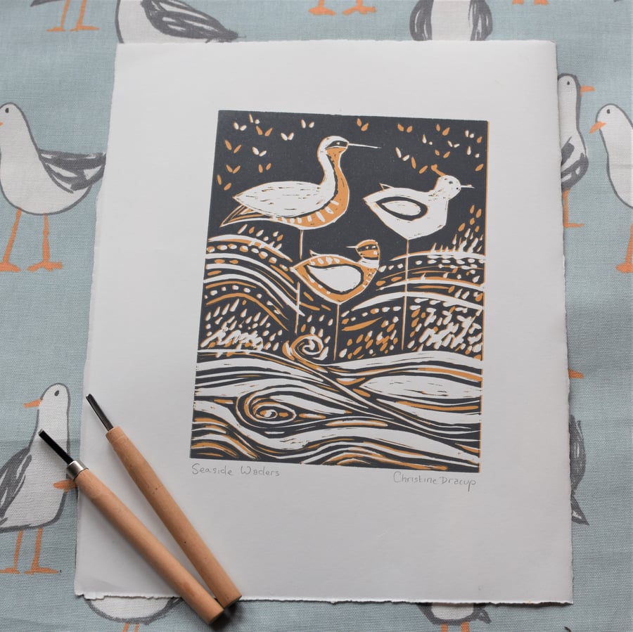 Seaside Waders - Original lino cut print by printmaker Christine Dracup