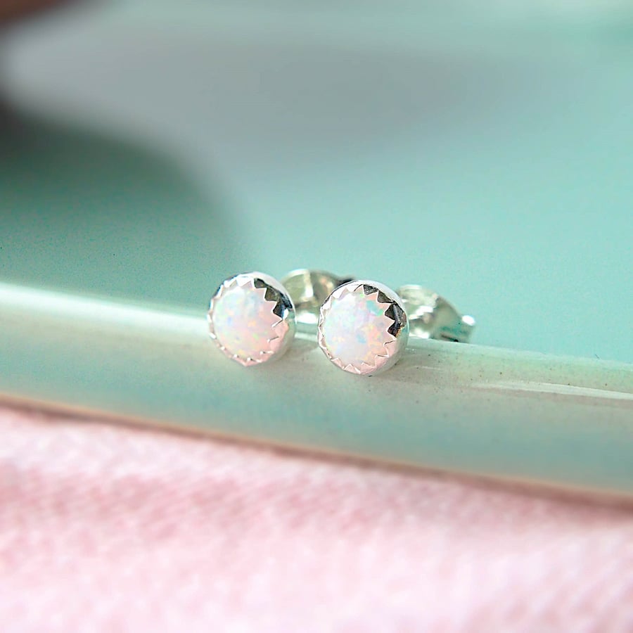 Sterling Silver White Opal Studs, Lab Opal