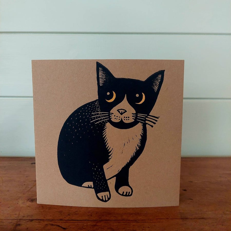Black Cat Linoprint Greeting Card