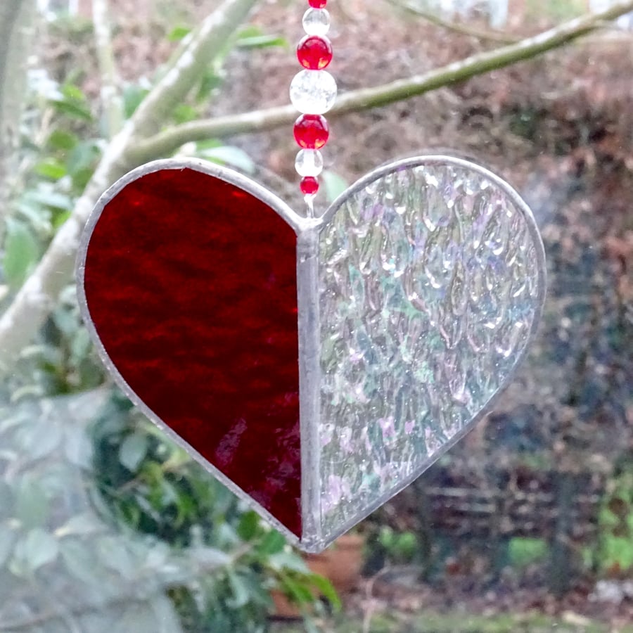 Stained Glass Heart Suncatcher - Red and Clear  