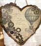 Steampunk Hot Air Balloon Wooden Heart Wall Hanging, Mixed Media Art, Eco-Friend - Image 3