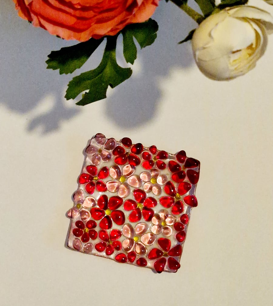 Fused glass pink ditsy square trinket dish