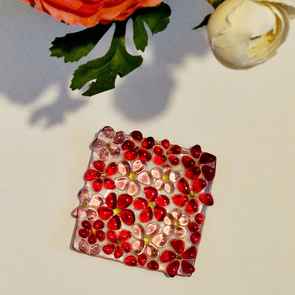 Fused glass pink ditsy square trinket dish