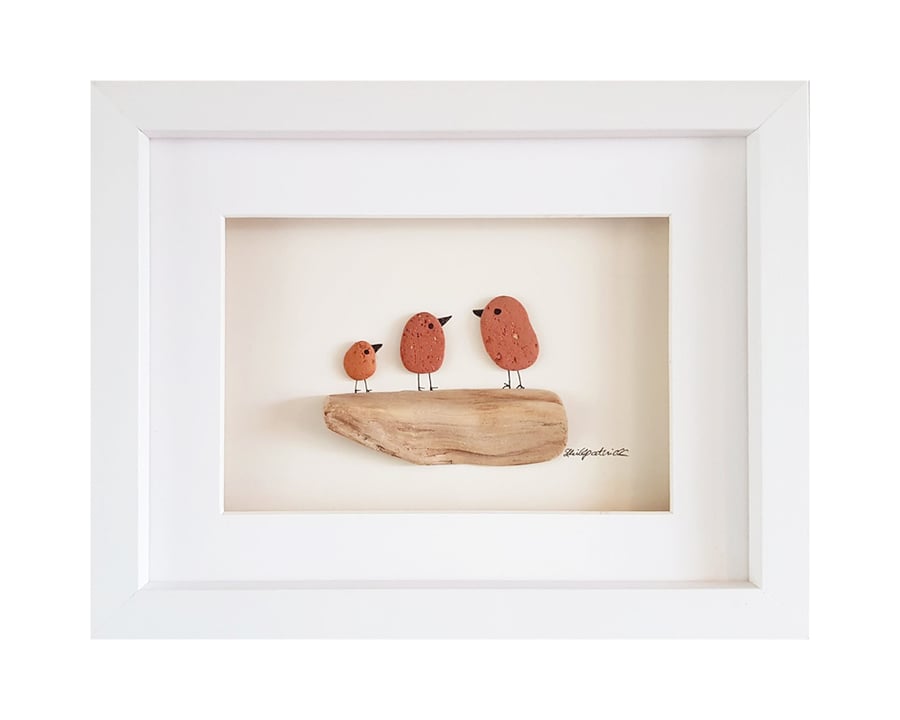 Red Birds on Branch - Pebble Picture - Framed Unique Handmade Art