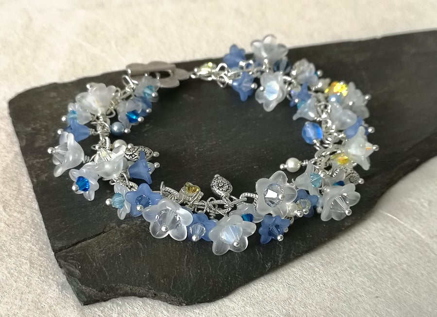 Floral bracelet with lucite flowers, Swarovski crystals and pearls, silver plate