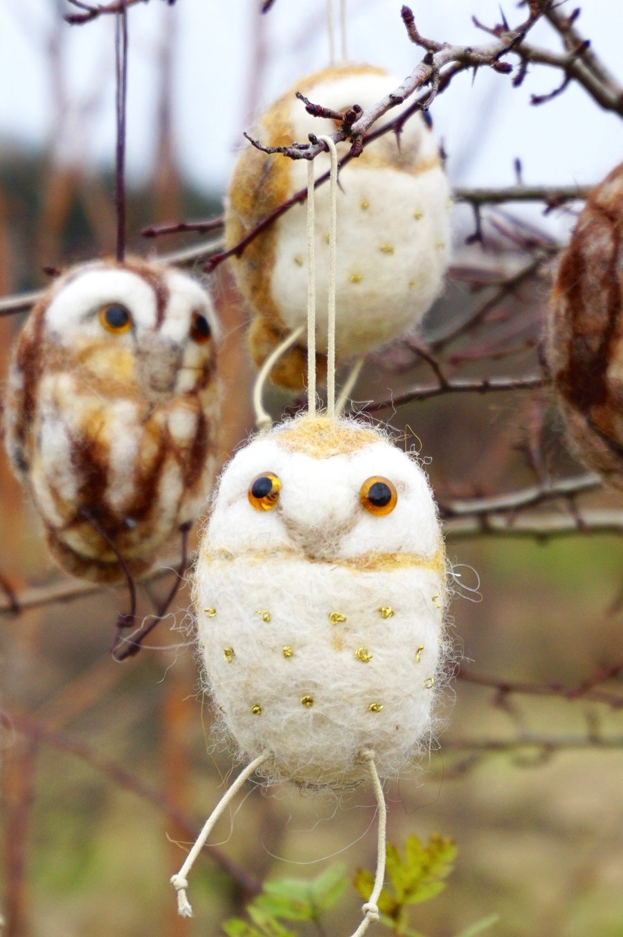 Wet Felted Barn Owl Christmas hanging ornament