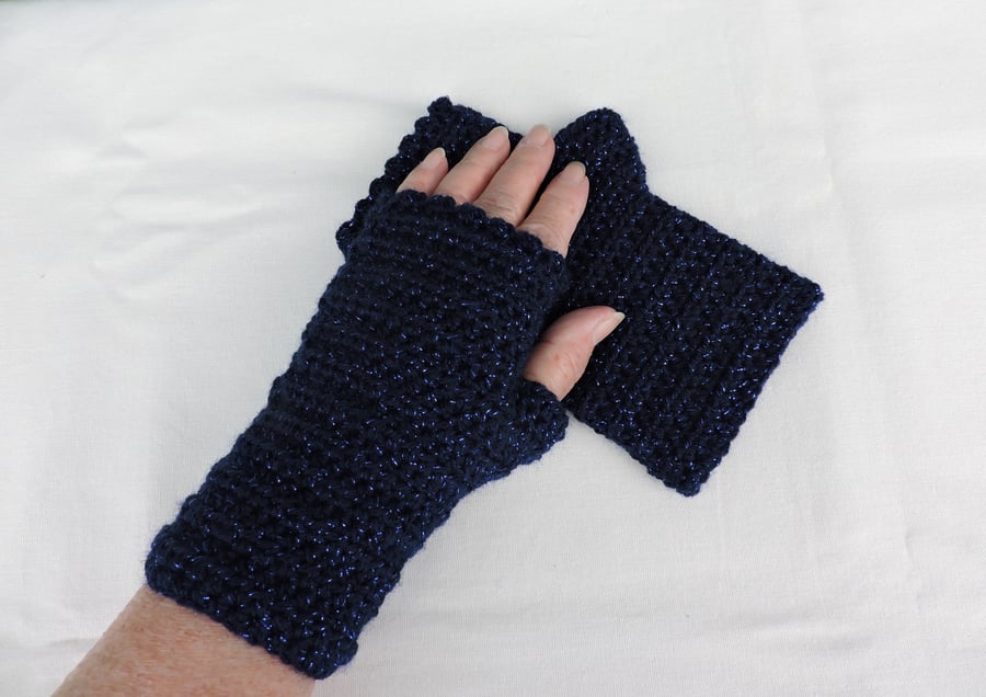 Fingerless Mitts Navy with Sparkle