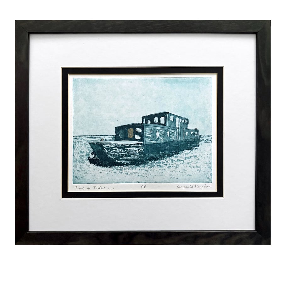 Original Etching Print of Houseboat - Time and Tides