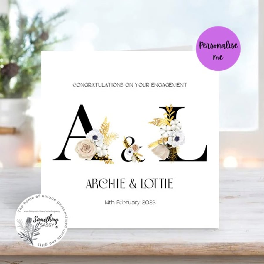 Beautiful Black & Gold Initials Personalised Engagement and Congratulations card