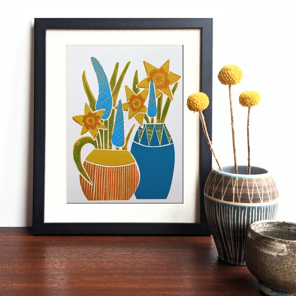 Daffodils in two vases - Original Lino Print
