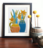 Daffodils in two vases - Original Lino Print - Image 1