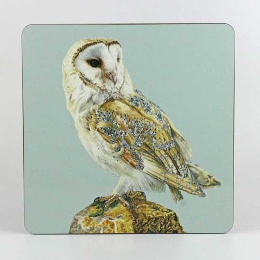 Barn Owl Coaster blue background