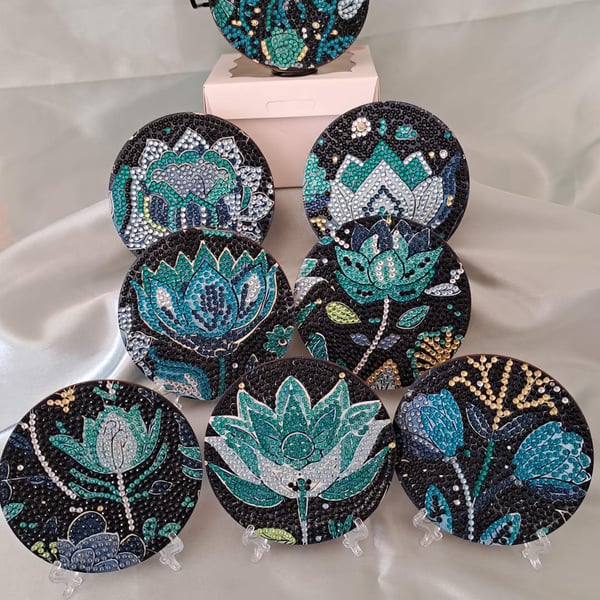Lotus Flower Diamond Art Coaster Set: , Cork Base, Metal Stand