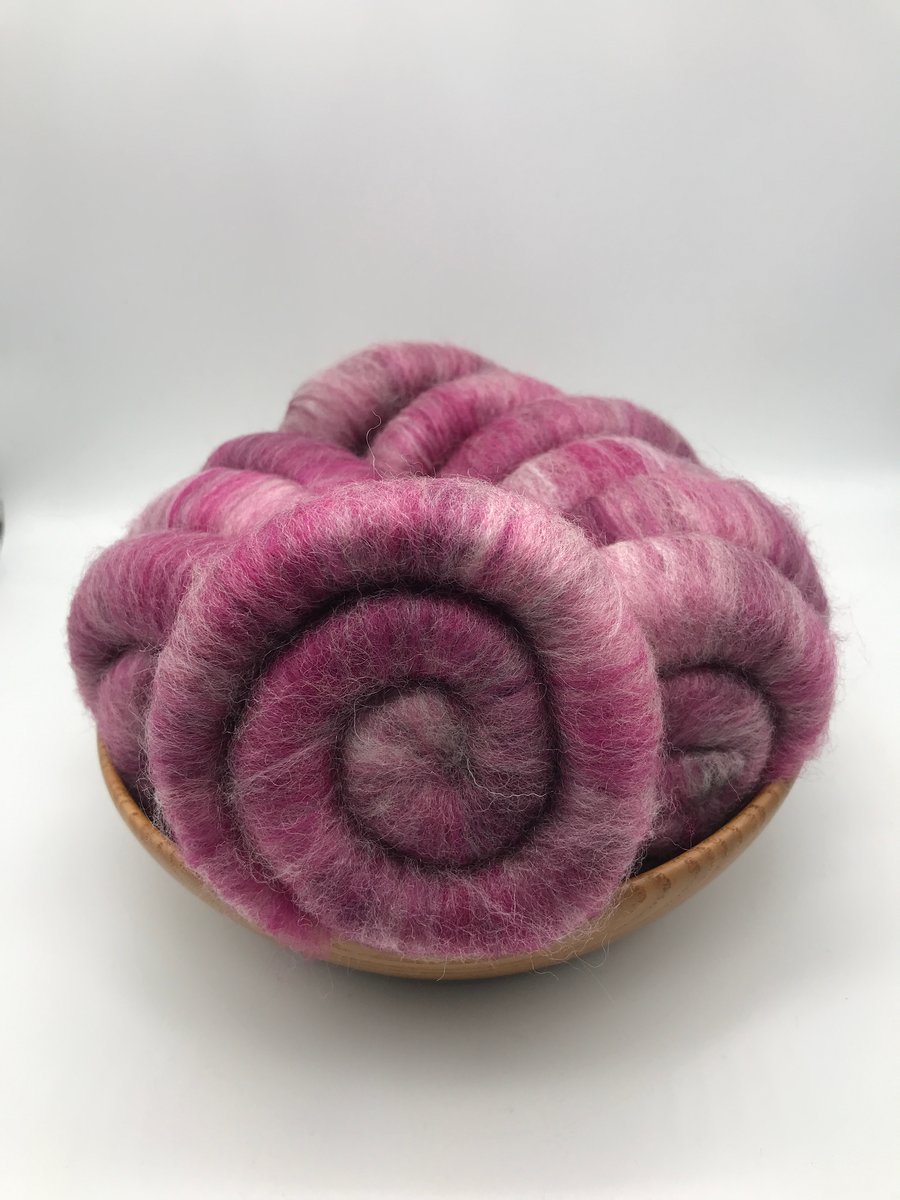 100g Merino, BFL & Tussah Silk Hand Blended Rolags - Plum Delight