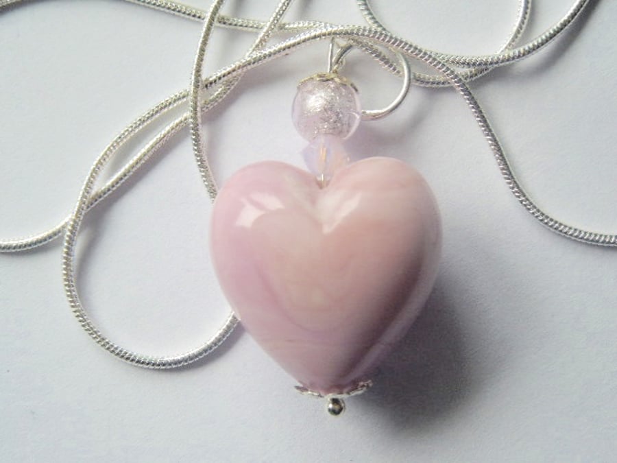 Pink and silver Murano glass heart pendant with Swarovski and sterling silver.