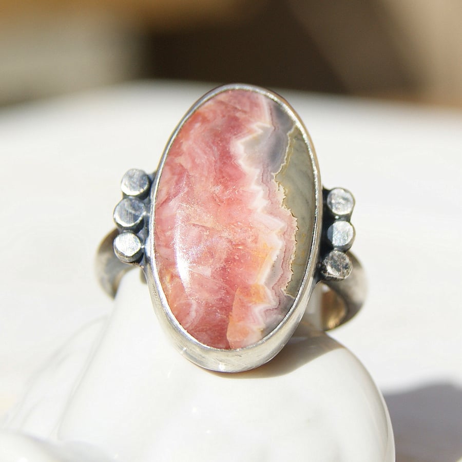 Pink Rhodochrosite Rustic Ring, Silver and Copper Ring, Boho Jewellery