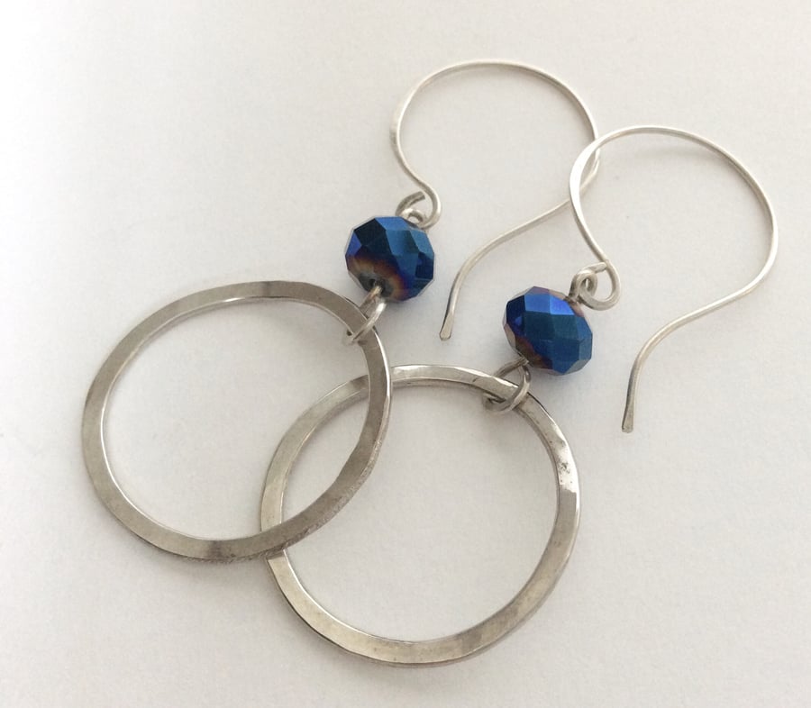 Silver Hoop and Metallic Blue Drop Earrings