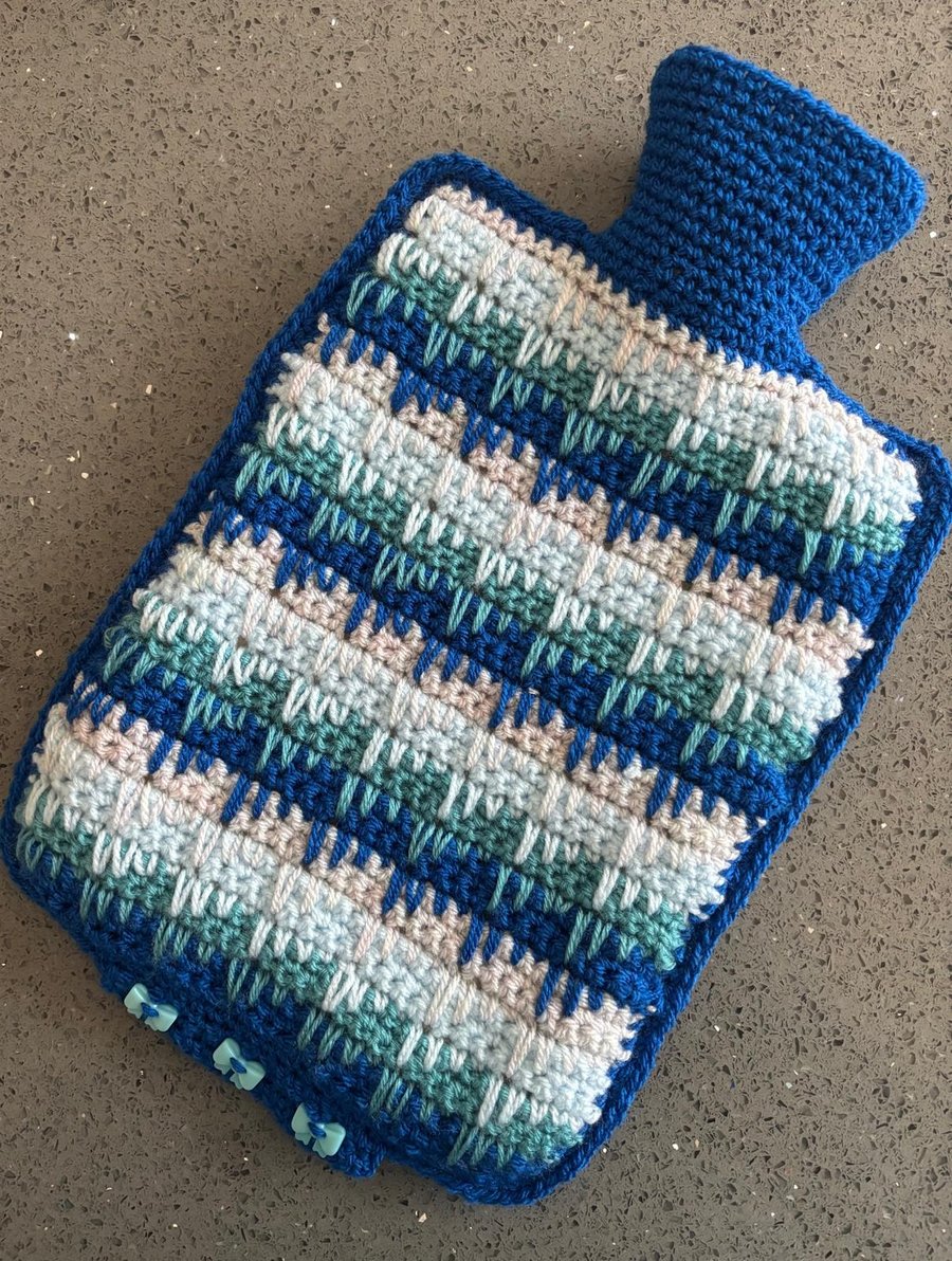 Crochet Hot Water Bottle Cover In Shades Of Blue (J156)