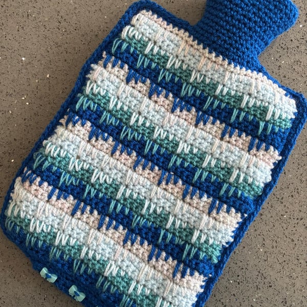 Crochet Hot Water Bottle Cover In Shades Of Blue (J156)