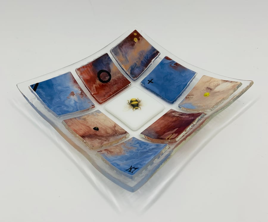 Beautiful Blue Burgundy and Pink Fused Glass dish. Hand painted and embellished