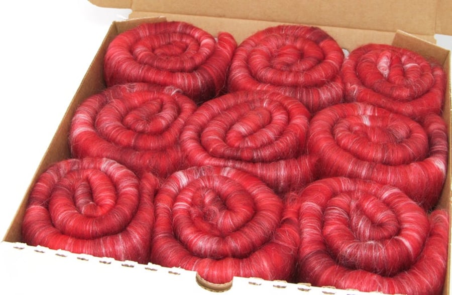 Rolags - Merino & Silk Reds 100g Fine Merino Wool Spinning Felting Fibre