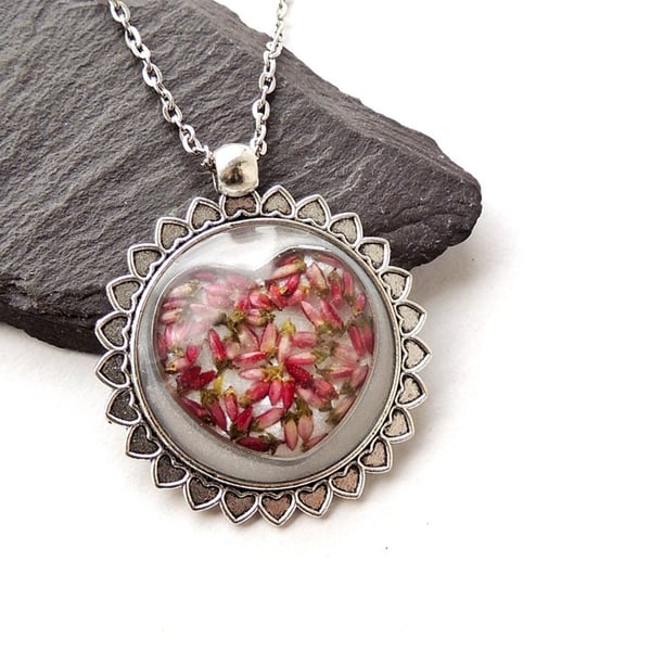 Pink Flower Heart Necklace, 18" Chain  1045a